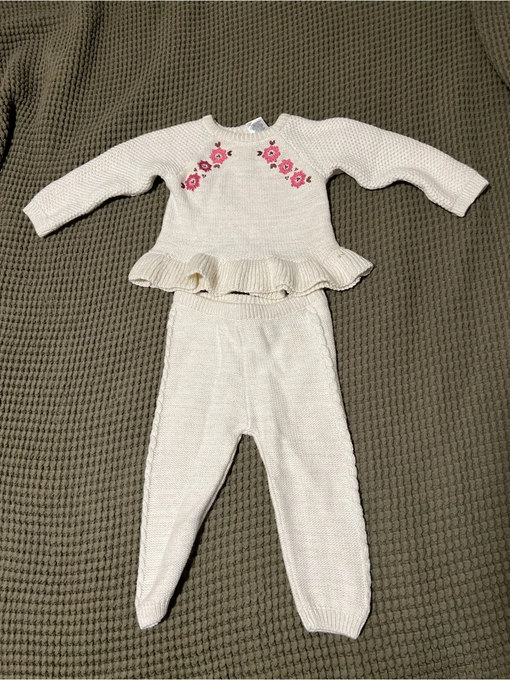 Baby girl 6-9 months set Cream Knit Ruffle One-Piece with Pink Flower Embroidery